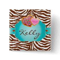 Cookie Hearts Bakery Zebra Name Tag Button