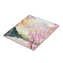 Cool oriental japanese Fuji spring cherry tree art Ceramic Tile