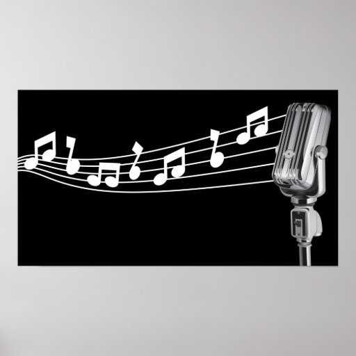 Cool Retro Mic & Musical Notes Black Custom Print