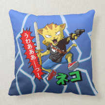 Cool Warrior Cat with Gun and Sword and Lightning Pillows
