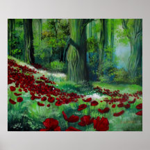 Copie rouge d'art de paysage de forêt de pavot posters
