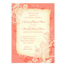 Corail et faire-part de mariage floral en ivoire