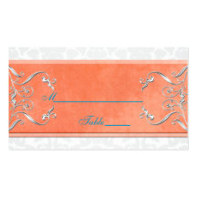 Coral, Aqua, and Grey Damask Placecards Business Cards