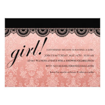 Coral & Black Damask Girls Baby Shower Invite
