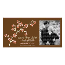 Coral/Brown Cherry Blossom Save the Date Photocard Customized Photo Card