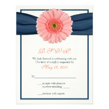 Coral Gerbera Daisy Navy Ribbon Response Card Personalized Announcement
