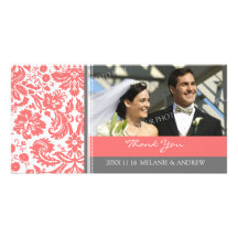 Coral Gray Damask Thank You Wedding Photo Cards