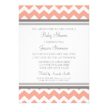 Coral Grey Chevron Custom Baby Shower Invitations