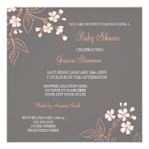 Coral Grey Floral Custom Baby Shower Invitations