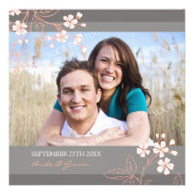 Coral Grey Floral Photo Wedding Invitation Cards