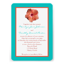 Coral Hibiscus and Aqua II Wedding Invitation
