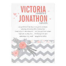 Coral Navy and Grey Zig Zag Typography Wedding Custom Invitation