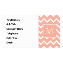 Coral Pink and White Chevron with Custom Monogram. Business Card Template