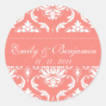 Coral Pink Damask Wedding Stickers