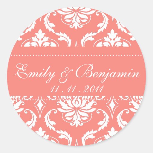Coral Pink Damask Wedding Stickers
