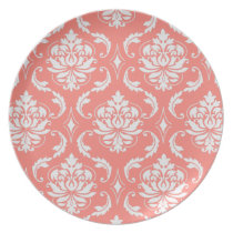Coral Pink, White Damask Pattern Melamine Plates plates