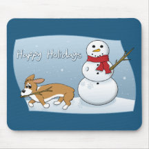 Corgi Steals Snowman's Arm Mousepads