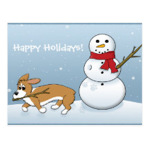 Corgi Steals Snowman's Arm Postcard