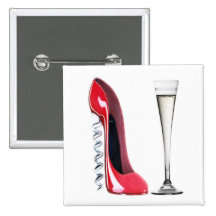 Corkscrew Stiletto Shoe and Champagne Flute Glass Button