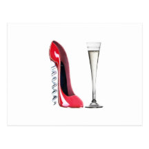 Corkscrew Stiletto Shoe and Champagne Flute Glass Postcards