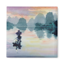 "Cormorant Fisherman" China Watercolor Fridge Magnet