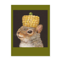 corn and pea hatted squirrel postcard