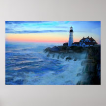 Coucher du soleil au phare principal de Portland p Poster