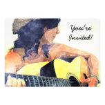 Country Girl with Acoustic Guitar Water Colour Invite