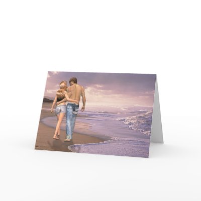 Couple in Love Walking on Beach into the Sunset Greeting Cards by beverlytazangel