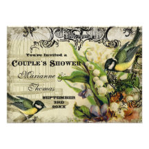 Couple Shower, Yellow Song Bird Cage Swirl Floral Invitation