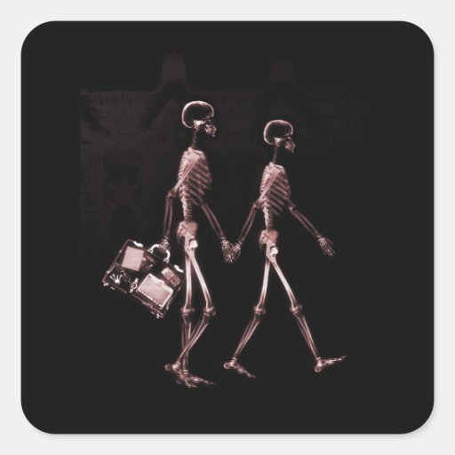 Couple Travelling X-Ray Skeletons - Red Square Sticker