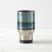 Couple walking on florida beach w seagull coffee mug