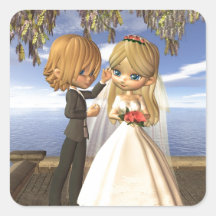 Couples mignons de mariage de Toon sur un balcon d Autocollant Carré