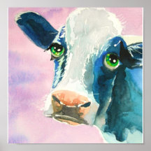 Cow face with green eyes watercolor painting poster