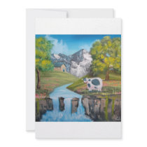 Cow waterfall folk art oil painting by G Bruce Personalized Announcements