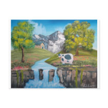 Cow waterfall folk art oil painting by G Bruce Post Cards