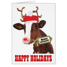 Cow with Reindeer Antlers and Santa Hat Card