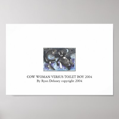 Cow Woman versus Toilet Boy Print by ryanitos