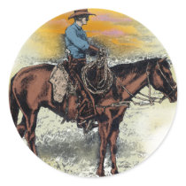 Cowboy n Sunset Round Sticker