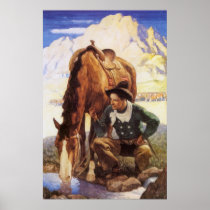Cowboy Watering His Horse by NC Wyeth Poster