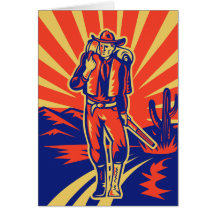 Cowboy with backpack and rifle walking greeting card