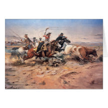 Cowboys roping a steer, 1897 (oil on canvas) greeting card