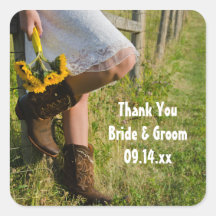 Cowgirl and Sunflower Country Wedding Thank You Square Sticker