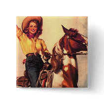 Cowgirl on Her Horse Pinback Buttons