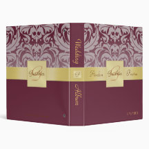 Cranberry Half Damask Gold Ribbon Wedding Album 3 Ring Binder