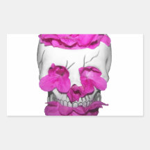 Crâne et fleurs roses autocollant en rectangle