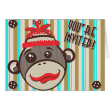 Crazy Hat Sock Monkey Party Invitation Greeting Cards