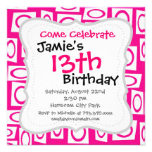 Crazy Hot Pink White Fun Circle Square Pattern Custom Announcements