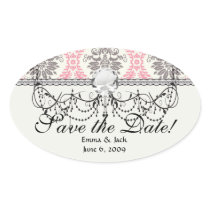 cream and grey tan damask bliss oval sticker
