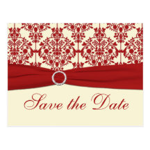 Cream and Red Damask Save the Date Postcard